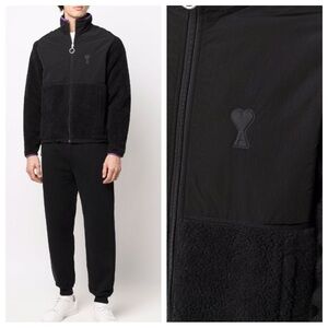 Ami Sherpa Logo Ami De Coeur Zipped Jacket in Black